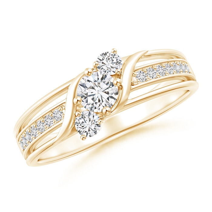 4mm HSI2 Triple Shank Diagonal Diamond Three Stone Bypass Ring in Yellow Gold 