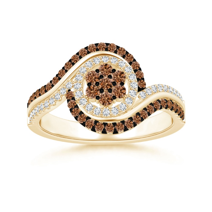 1.7mm AAAA White and Coffee Diamond Clustre Swirl Ring in Yellow Gold