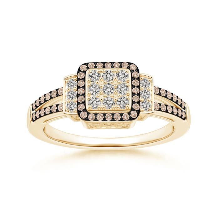 1mm A Split Shank Brown and White Diamond Square Cluster Ring in Yellow Gold