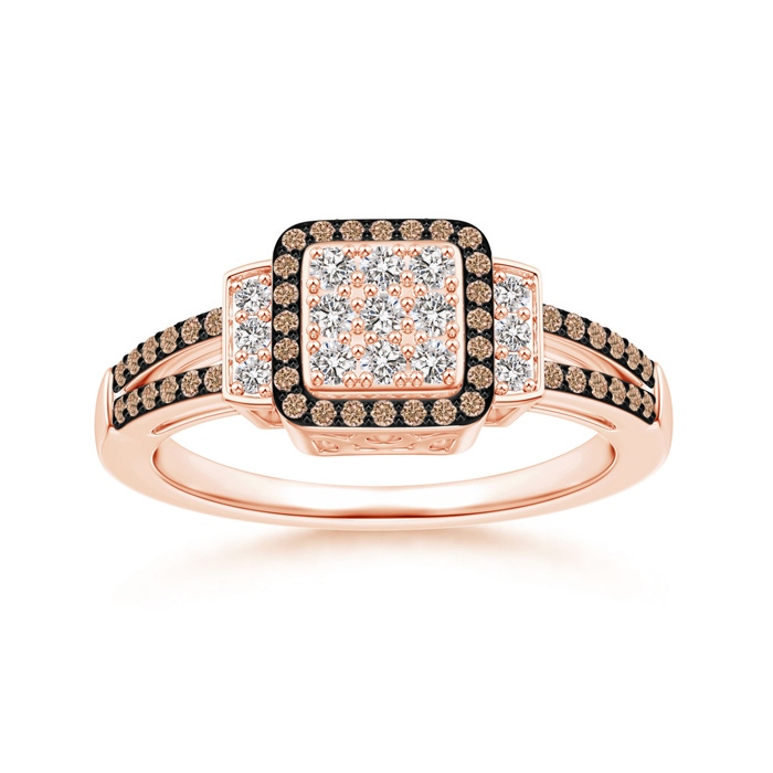 1mm AA Split Shank Brown and White Diamond Square Cluster Ring in Rose Gold 