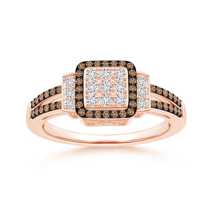 1mm AAA Split Shank Brown and White Diamond Square Cluster Ring in Rose Gold 