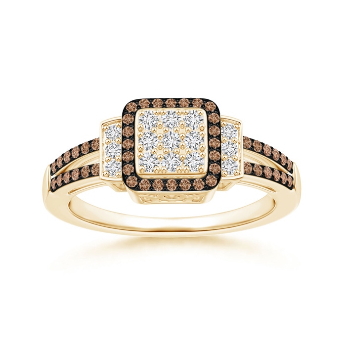 1mm AAA Split Shank Brown and White Diamond Square Clustre Ring in Yellow Gold