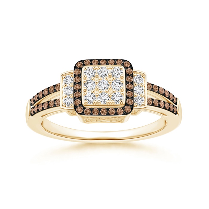 1mm AAA Split Shank Brown and White Diamond Square Cluster Ring in Yellow Gold 