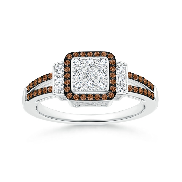 1mm AAAA Split Shank Brown and White Diamond Square Cluster Ring in White Gold