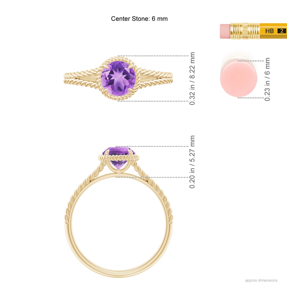 6mm A Amethyst Twist Rope Split Shank Ring in 18K Yellow Gold ruler