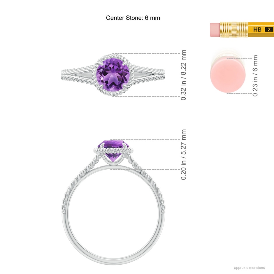 6mm AA Amethyst Twist Rope Split Shank Ring in White Gold ruler