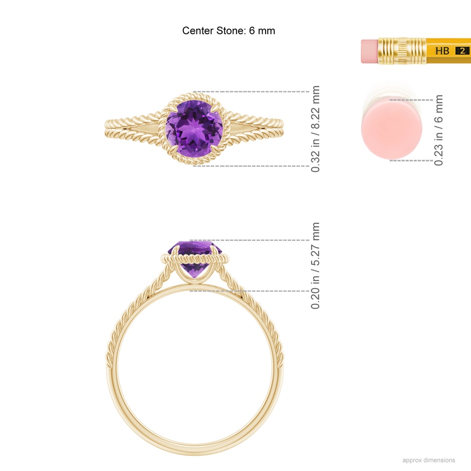 6mm AAA Amethyst Twist Rope Split Shank Ring in Yellow Gold ruler