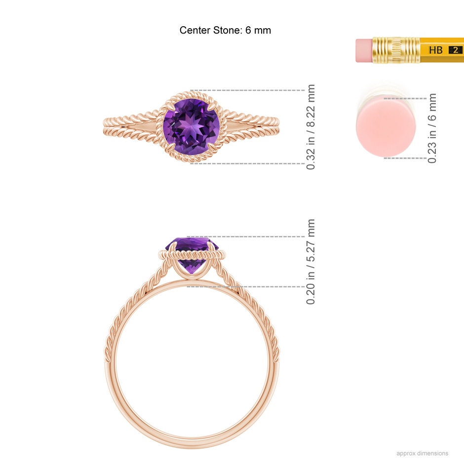 6mm AAAA Amethyst Twist Rope Split Shank Ring in Rose Gold ruler