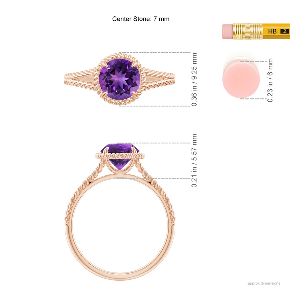 7mm AAAA Amethyst Twist Rope Split Shank Ring in 18K Rose Gold ruler