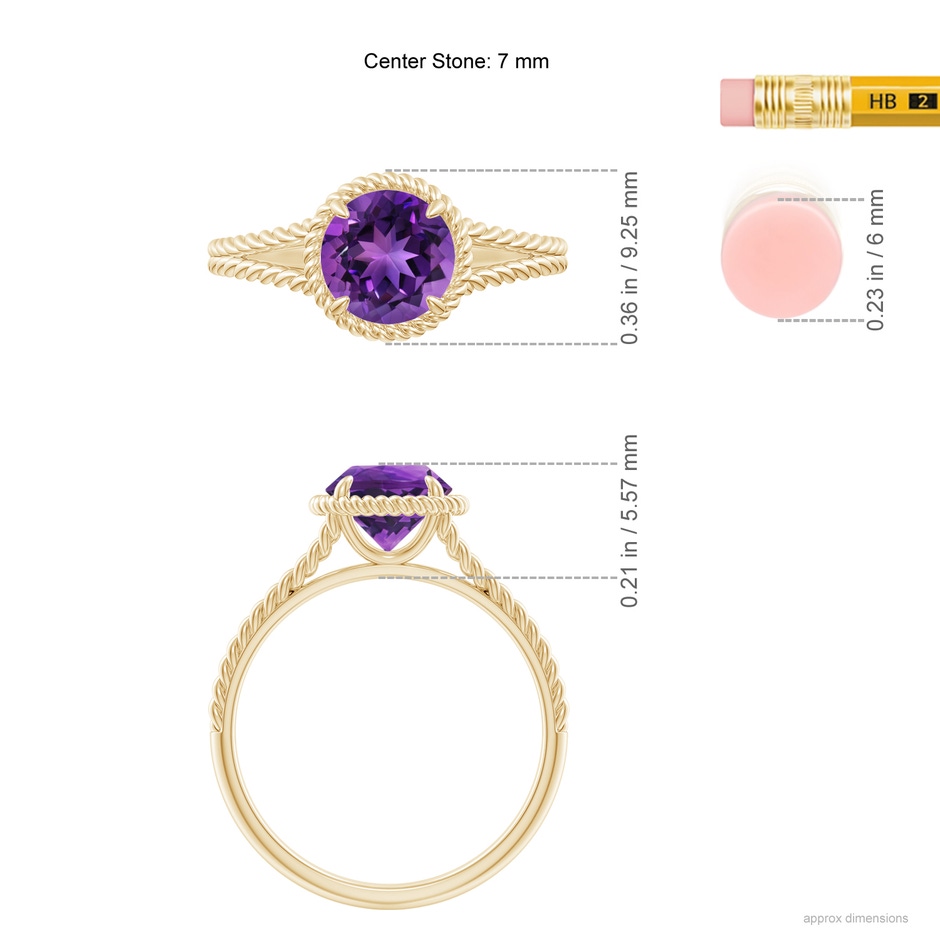 7mm AAAA Amethyst Twist Rope Split Shank Ring in 18K Yellow Gold ruler