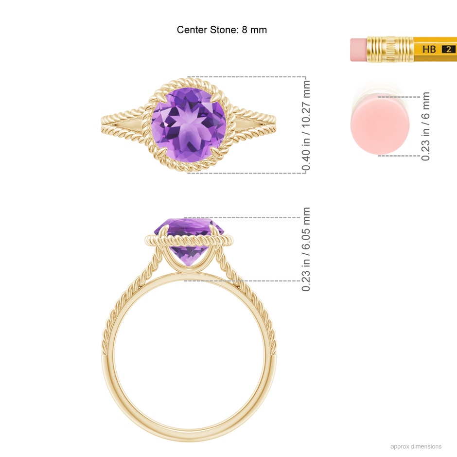 8mm A Amethyst Twist Rope Split Shank Ring in Yellow Gold ruler