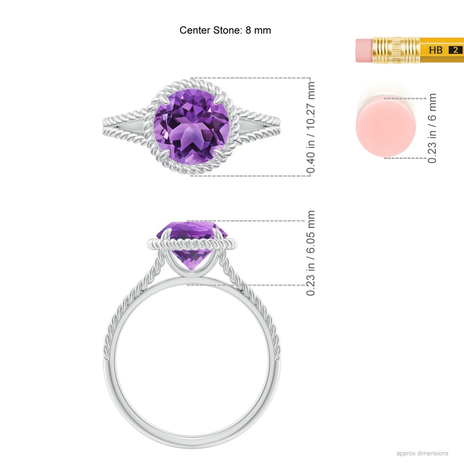 8mm AA Amethyst Twist Rope Split Shank Ring in 18K White Gold ruler