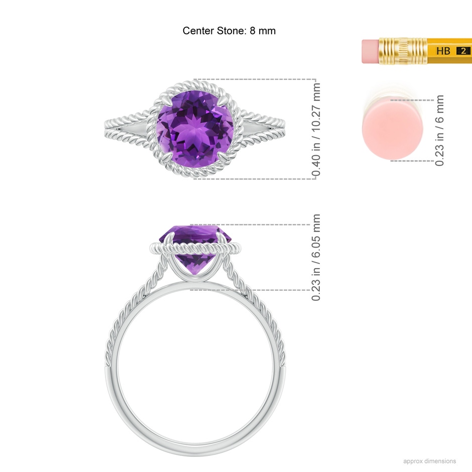 8mm AAA Amethyst Twist Rope Split Shank Ring in P950 Platinum ruler