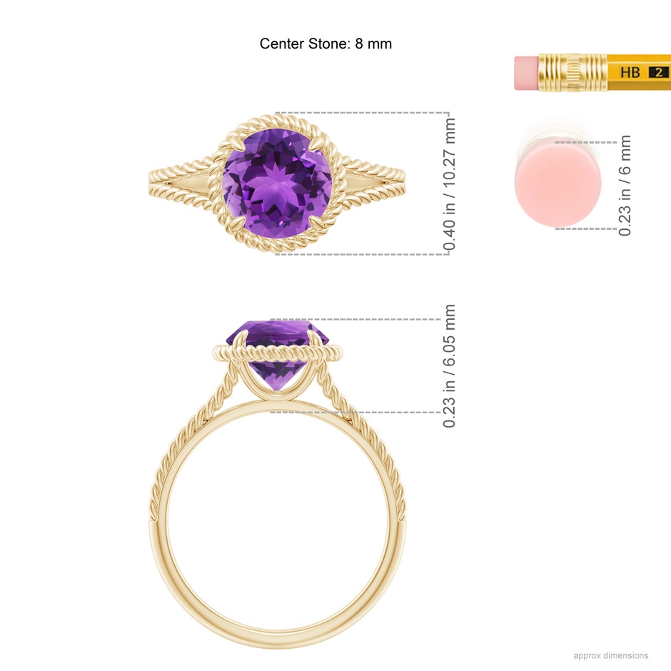 8mm AAA Amethyst Twist Rope Split Shank Ring in Yellow Gold ruler