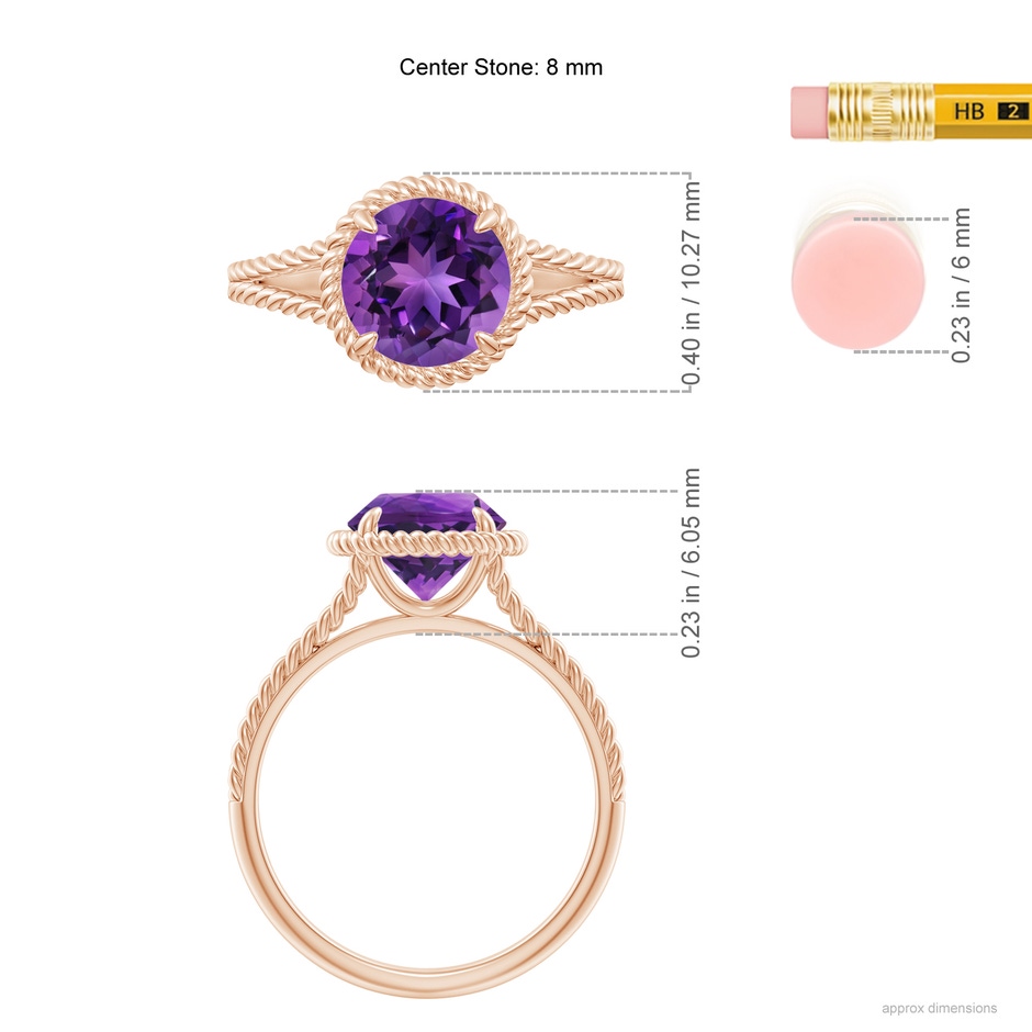 8mm AAAA Amethyst Twist Rope Split Shank Ring in 18K Rose Gold ruler