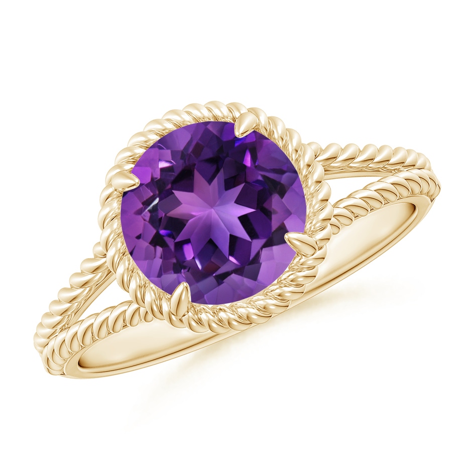 8mm AAAA Amethyst Twist Rope Split Shank Ring in Yellow Gold 