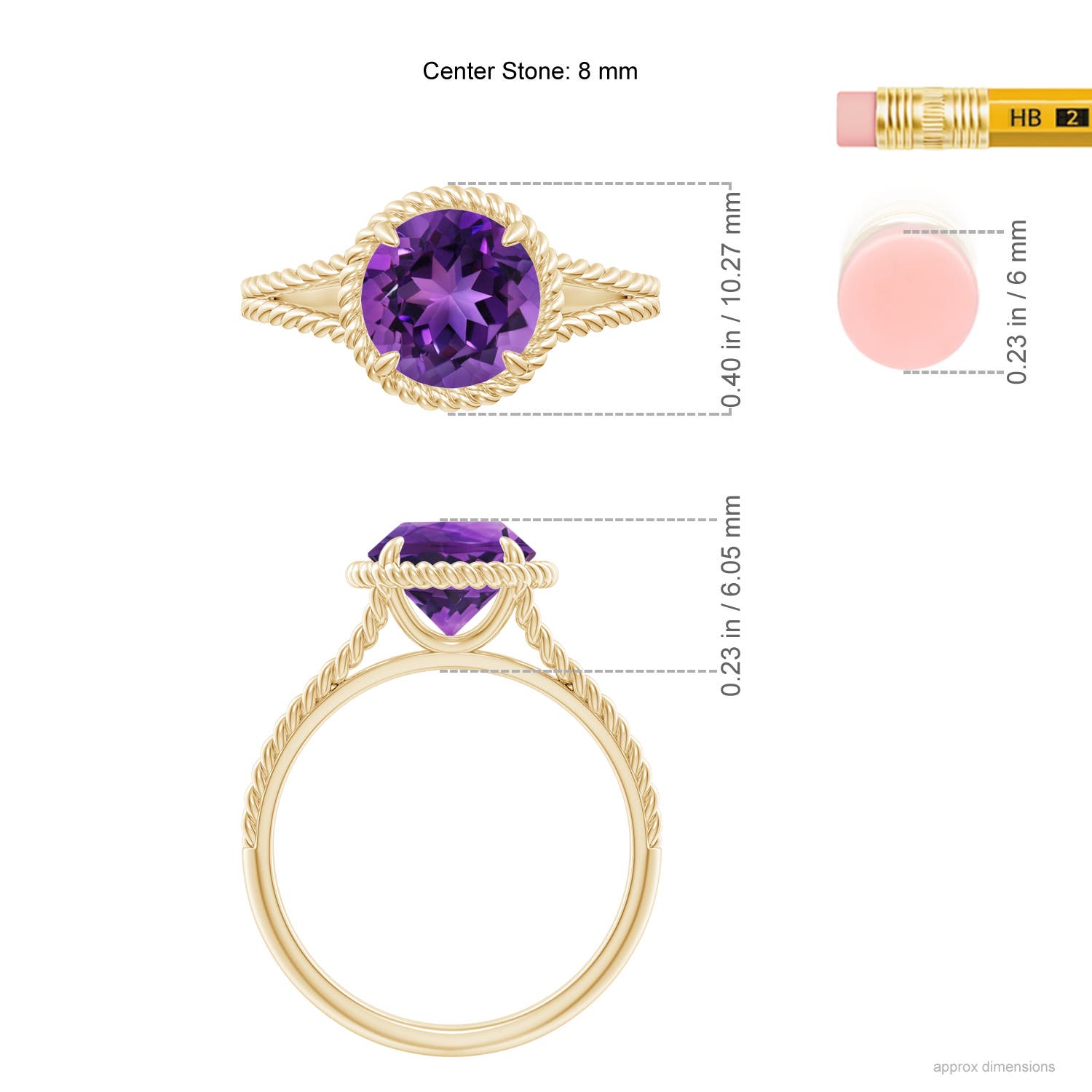 8mm AAAA Amethyst Twist Rope Split Shank Ring in Yellow Gold - ruler
