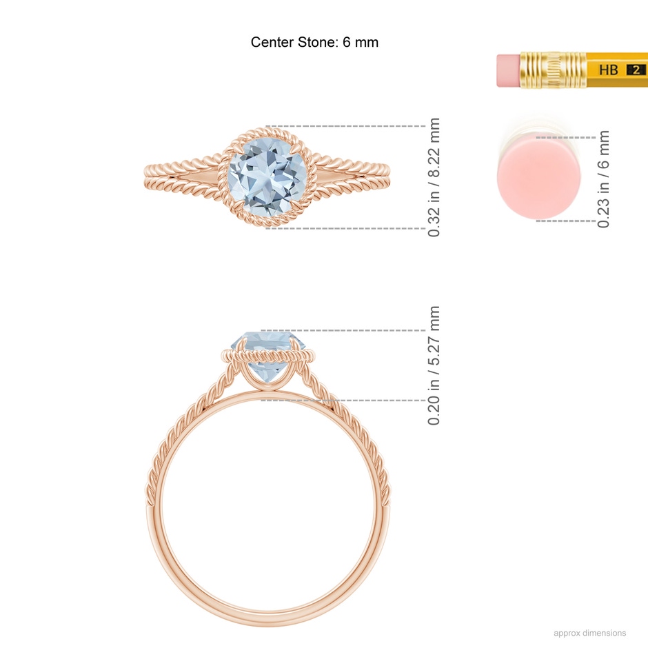 6mm A Aquamarine Twist Rope Split Shank Ring in Rose Gold ruler