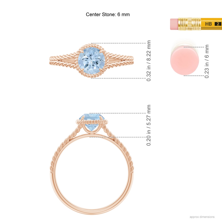 6mm AA Aquamarine Twist Rope Split Shank Ring in Rose Gold ruler