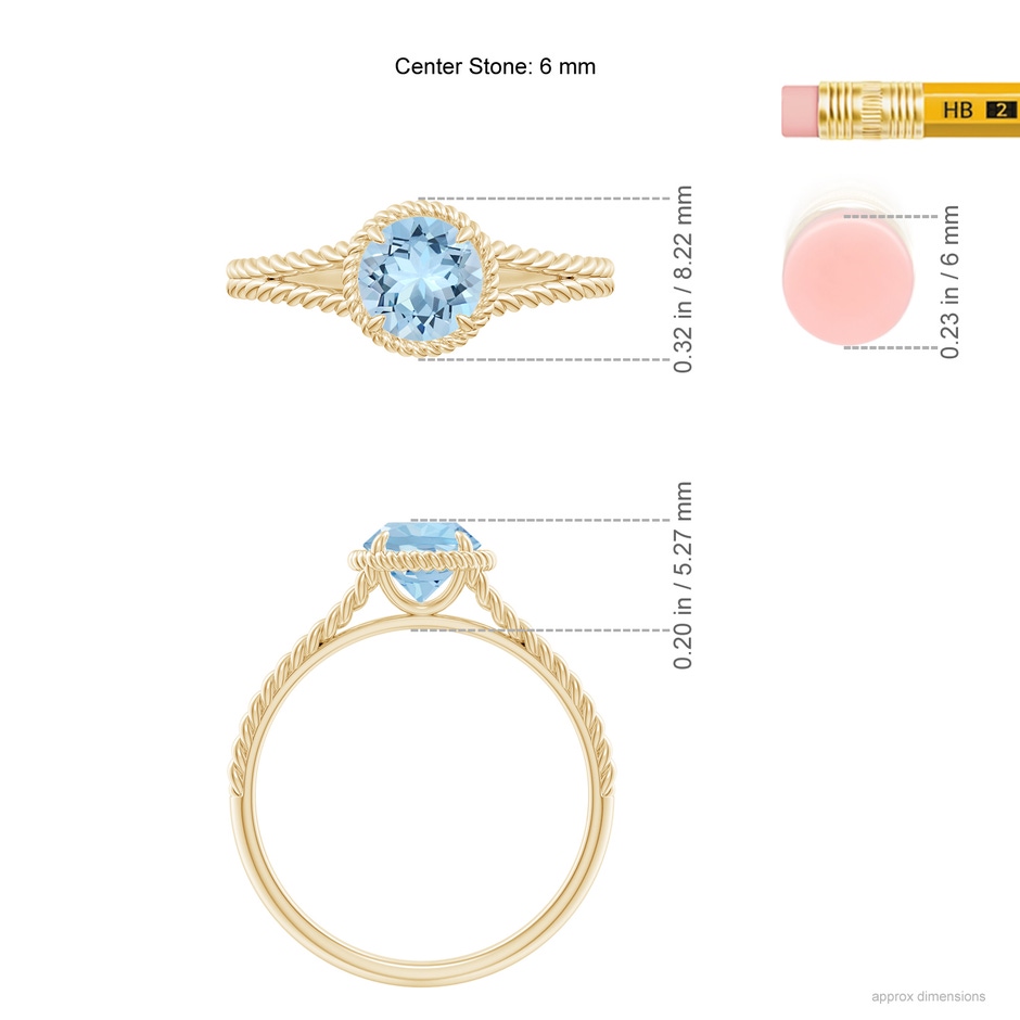 6mm AAA Aquamarine Twist Rope Split Shank Ring in Yellow Gold ruler