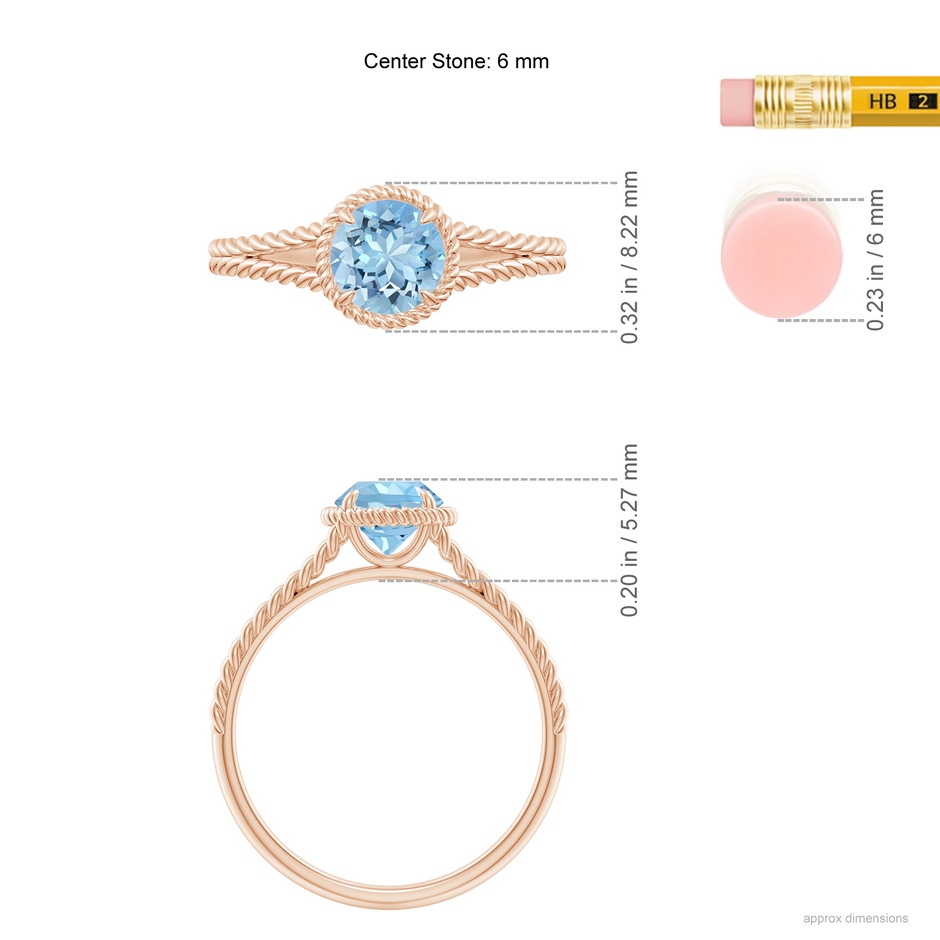 6mm AAAA Aquamarine Twist Rope Split Shank Ring in Rose Gold ruler