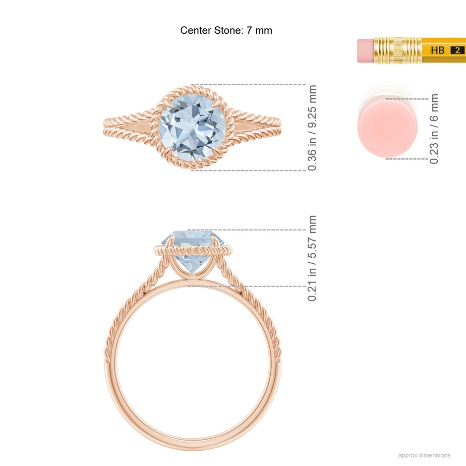 7mm A Aquamarine Twist Rope Split Shank Ring in Rose Gold ruler