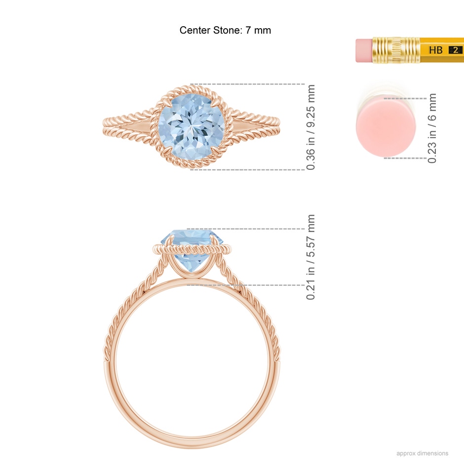 7mm AA Aquamarine Twist Rope Split Shank Ring in Rose Gold ruler