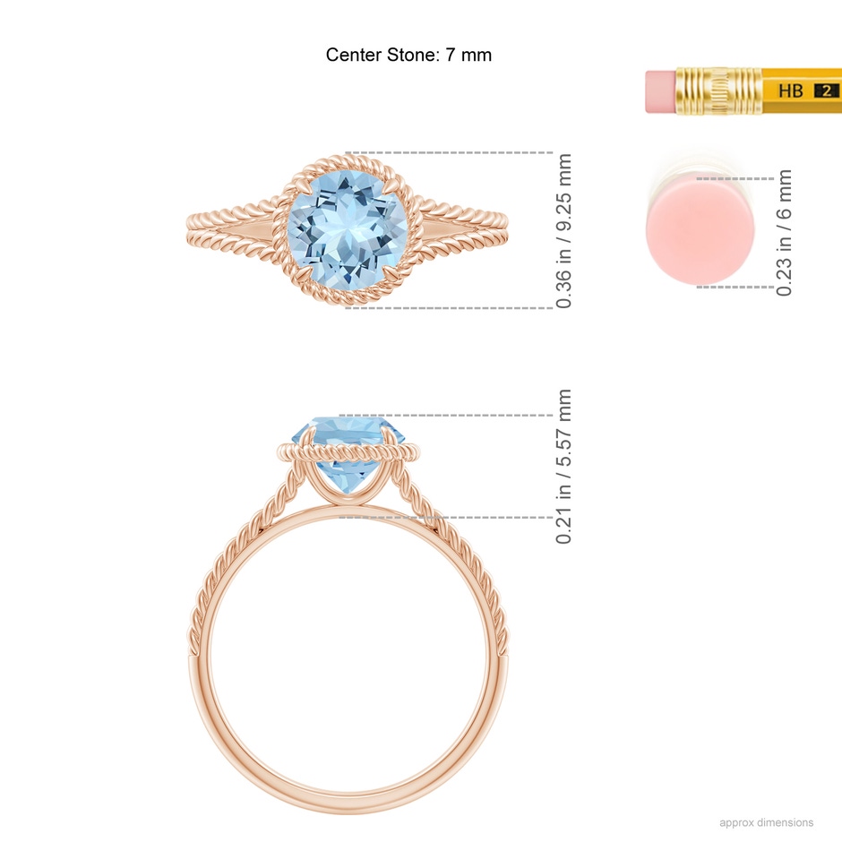 7mm AAA Aquamarine Twist Rope Split Shank Ring in Rose Gold ruler