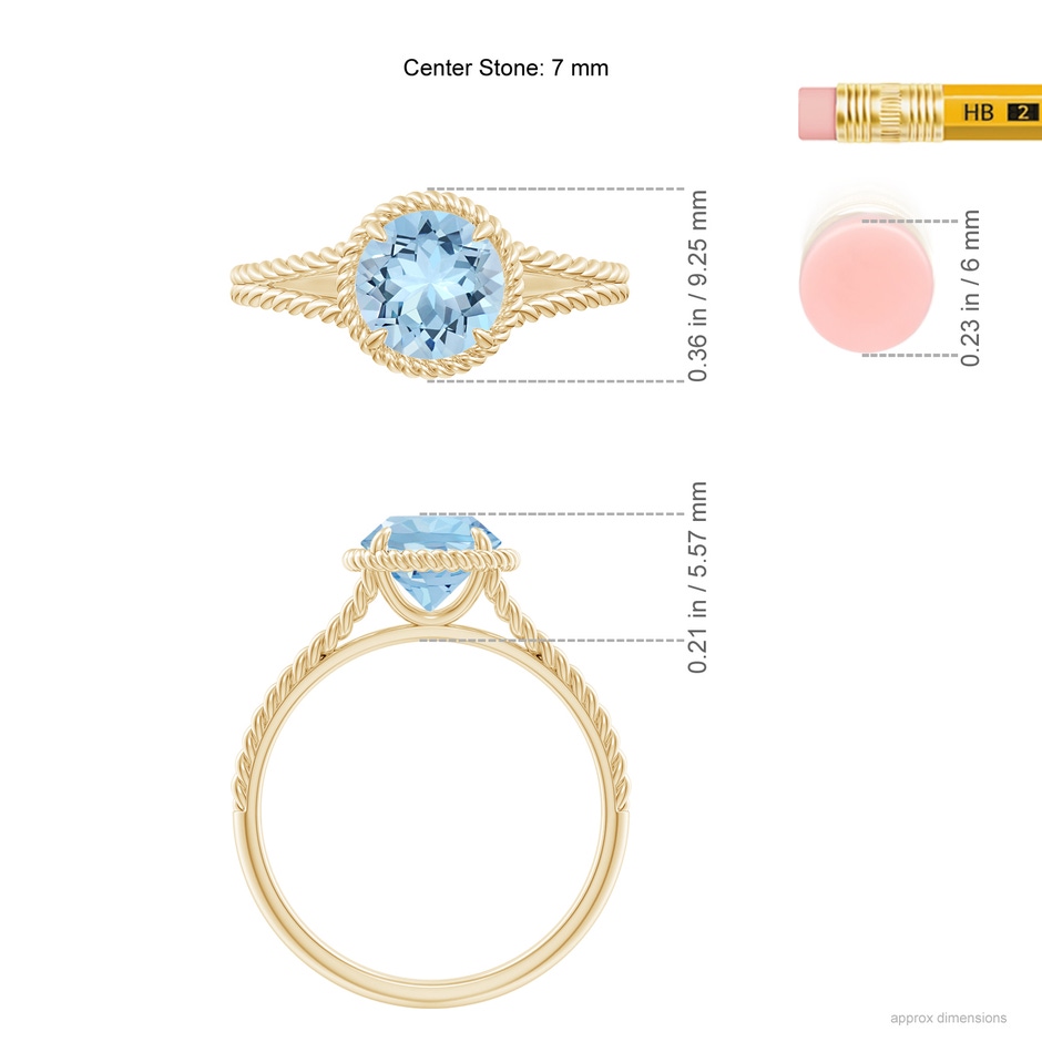 7mm AAA Aquamarine Twist Rope Split Shank Ring in Yellow Gold ruler