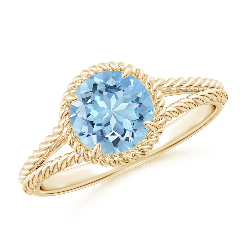 7mm AAAA Aquamarine Twist Rope Split Shank Ring in Yellow Gold 