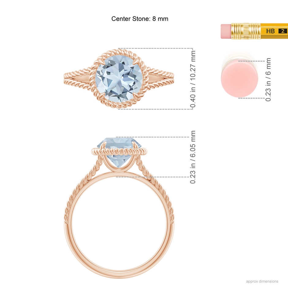 8mm A Aquamarine Twist Rope Split Shank Ring in Rose Gold ruler