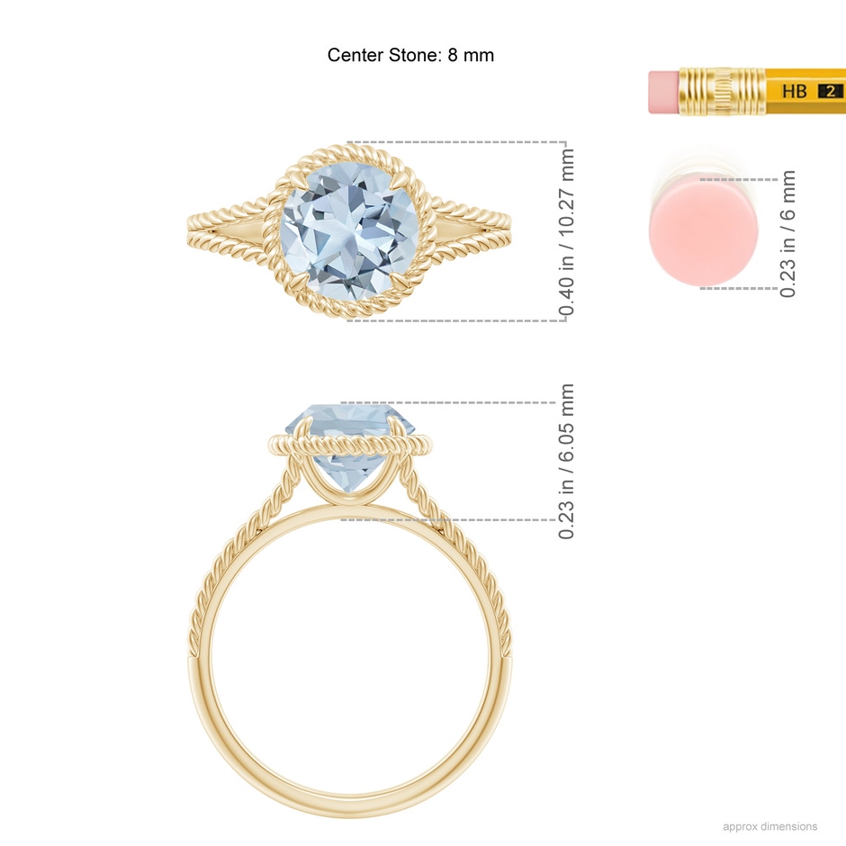 8mm A Aquamarine Twist Rope Split Shank Ring in Yellow Gold ruler