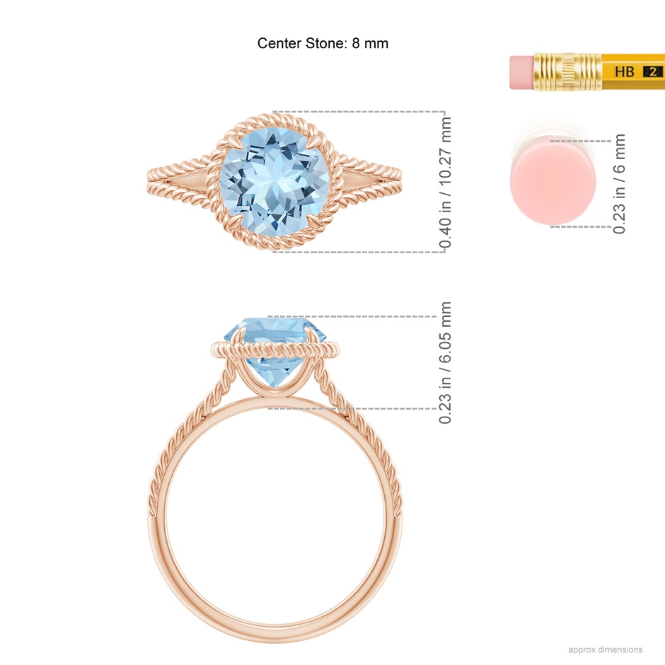 8mm AAA Aquamarine Twist Rope Split Shank Ring in Rose Gold ruler