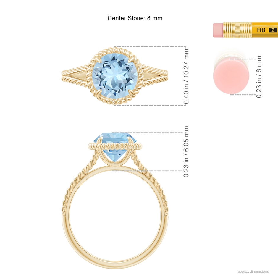 8mm AAA Aquamarine Twist Rope Split Shank Ring in Yellow Gold ruler