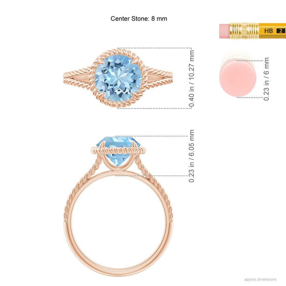 8mm AAAA Aquamarine Twist Rope Split Shank Ring in Rose Gold ruler
