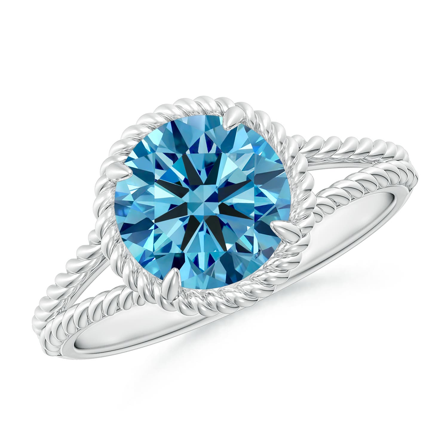 Angara 2.0 CTW Fancy Intense Blue Diamond Twist Rope Split Shank Engagement Ring in 14K White Gold