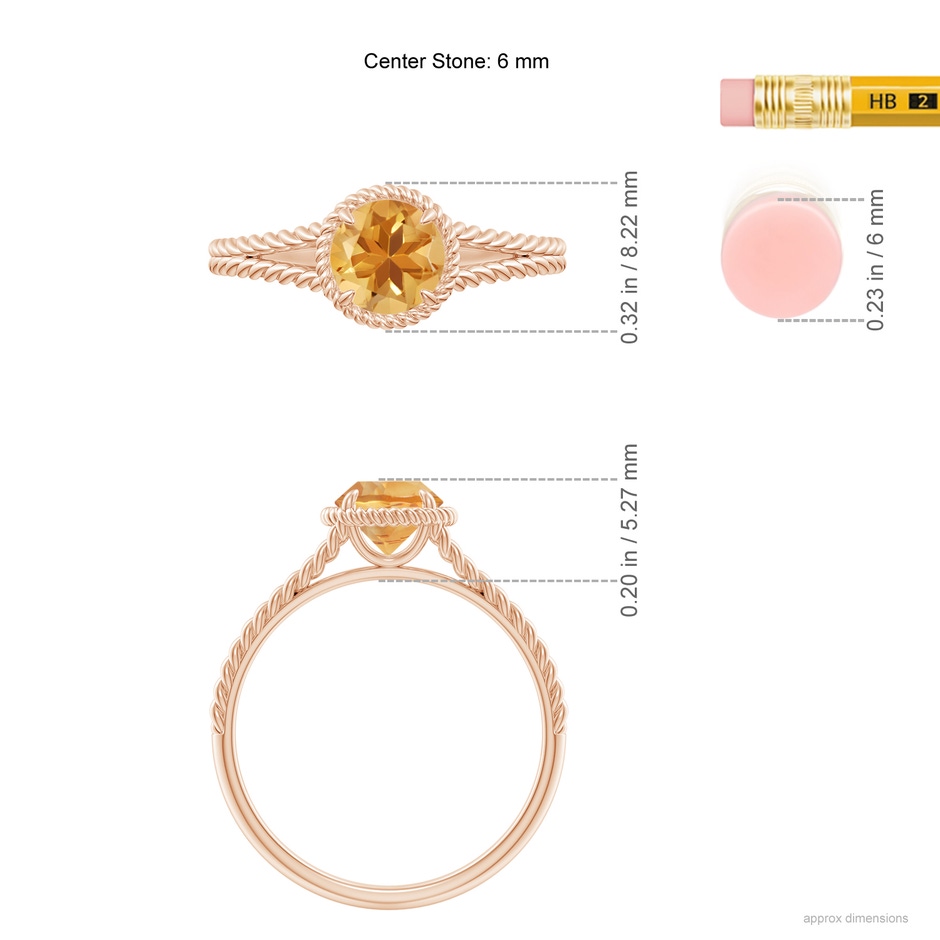 6mm A Citrine Twist Rope Split Shank Ring in Rose Gold ruler