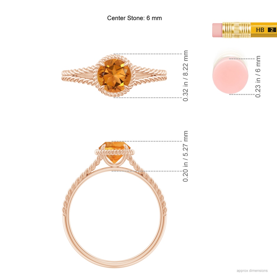 6mm AAA Citrine Twist Rope Split Shank Ring in Rose Gold ruler