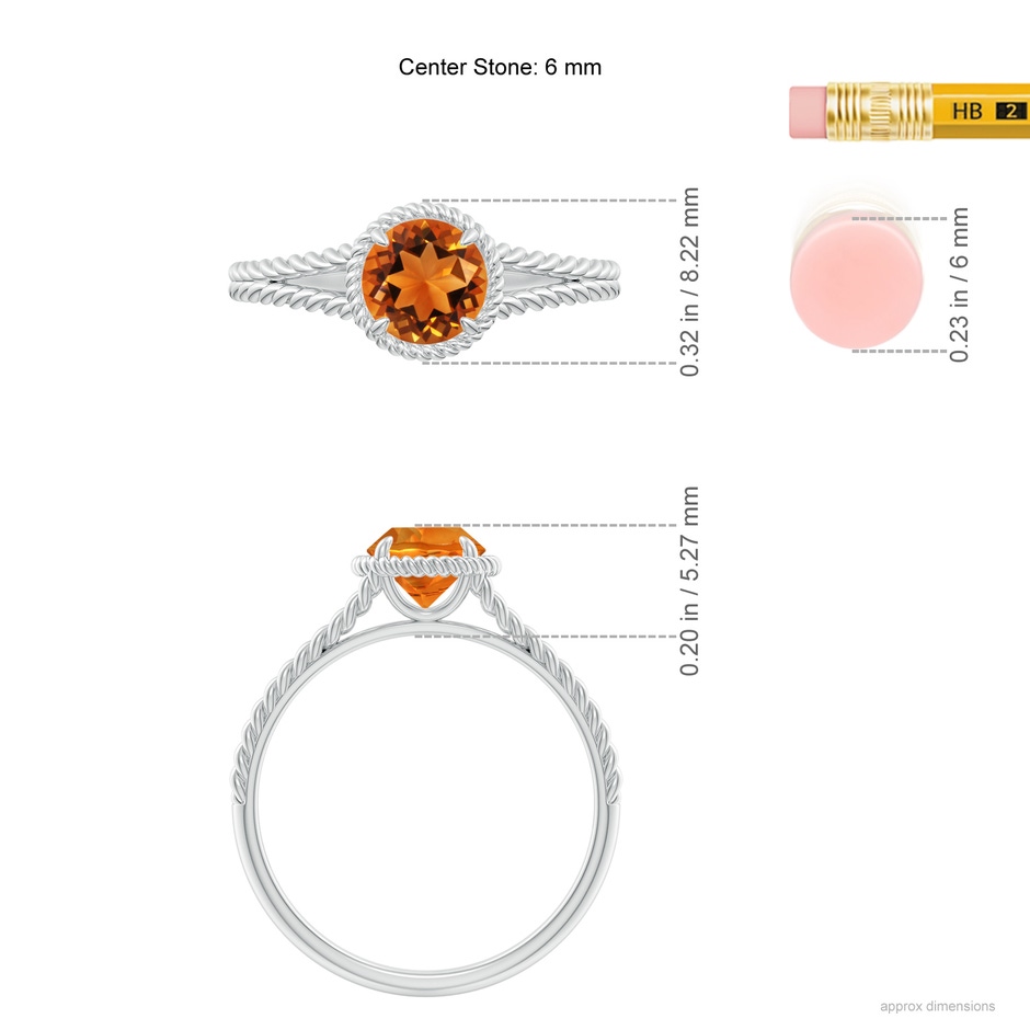6mm AAAA Citrine Twist Rope Split Shank Ring in White Gold ruler