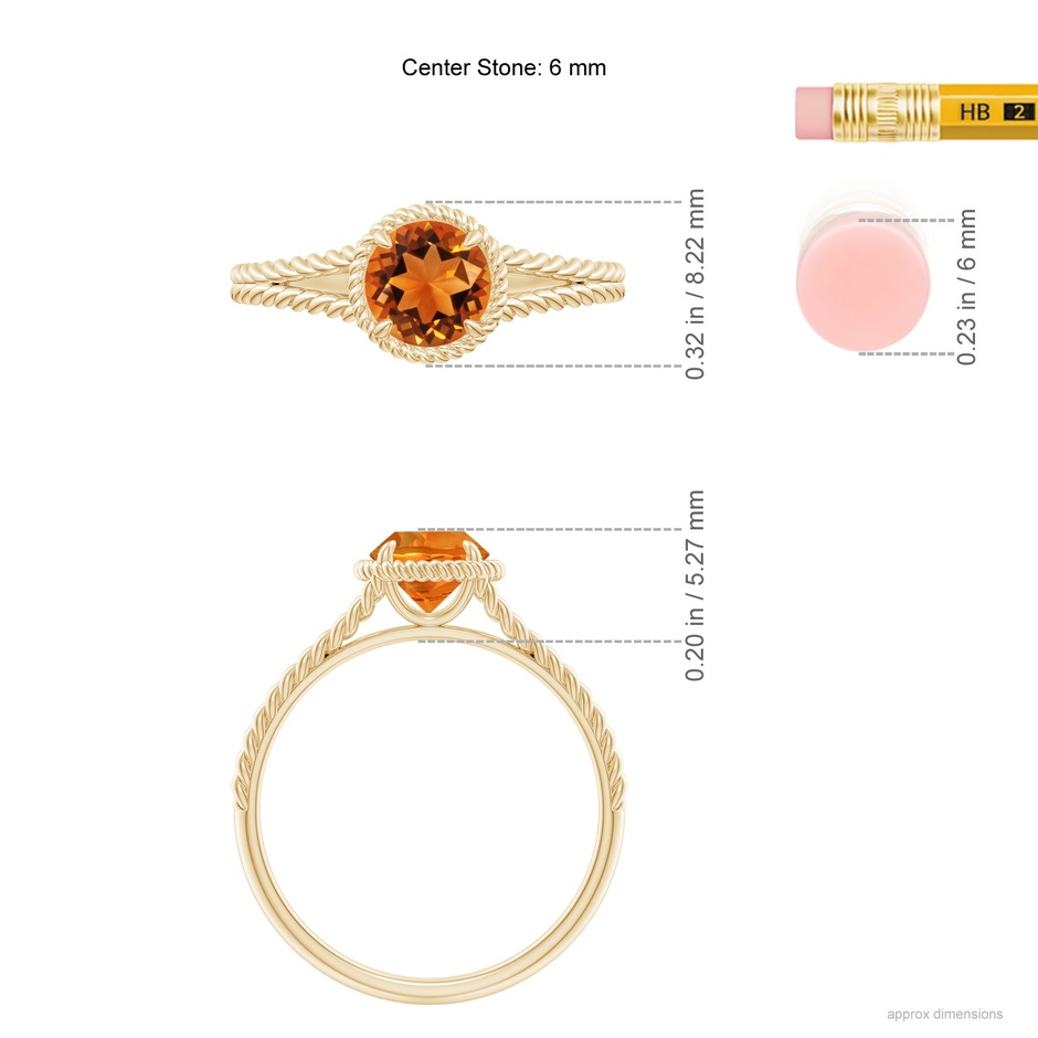 6mm AAAA Citrine Twist Rope Split Shank Ring in Yellow Gold ruler