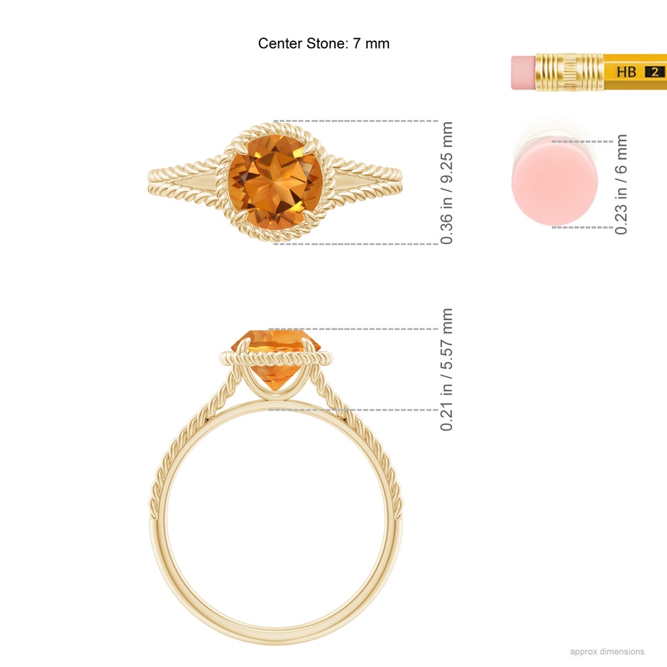 7mm AAA Citrine Twist Rope Split Shank Ring in Yellow Gold ruler