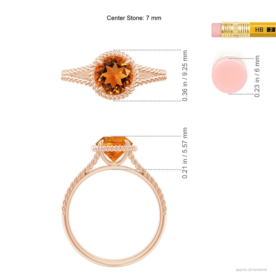 7mm AAAA Citrine Twist Rope Split Shank Ring in Rose Gold ruler
