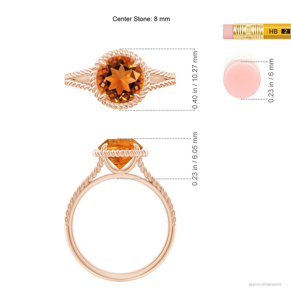 8mm AAAA Citrine Twist Rope Split Shank Ring in Rose Gold ruler