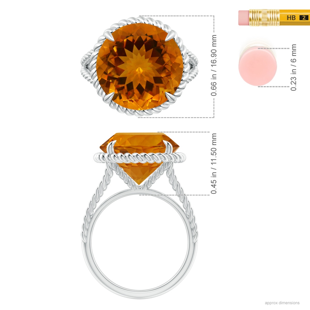 14.07x14.00x9.40mm AAAA GIA Certified Citrine Twist Rope Split Shank Ring in White Gold ruler