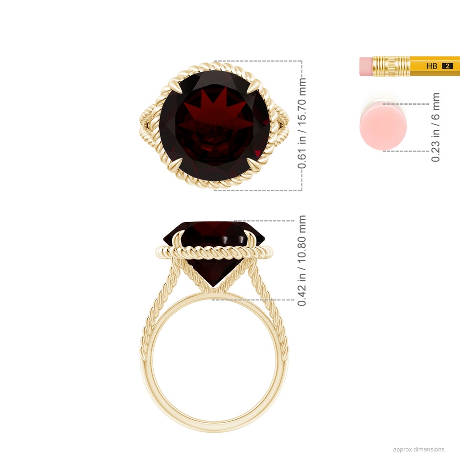 13.21x13.13x6.7mm AAAA GIA Certified Garnet Twist Rope Split Shank Ring in Yellow Gold ruler
