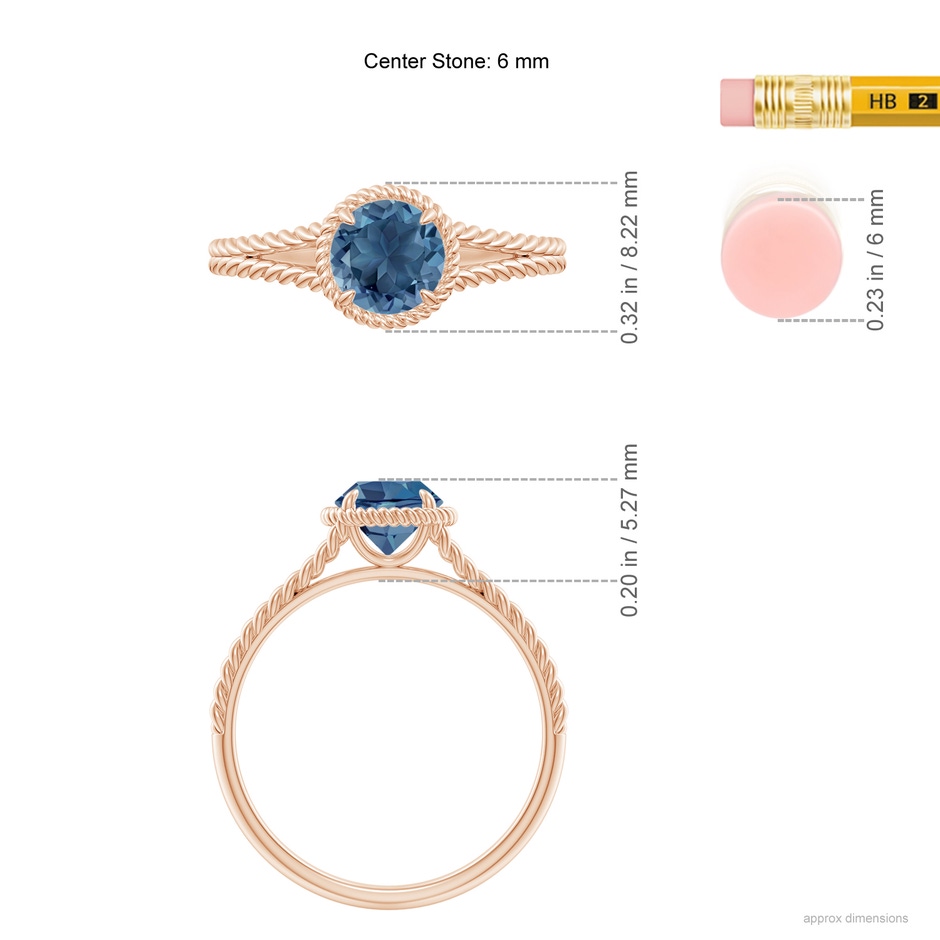 6mm A London Blue Topaz Twist Rope Split Shank Ring in Rose Gold ruler