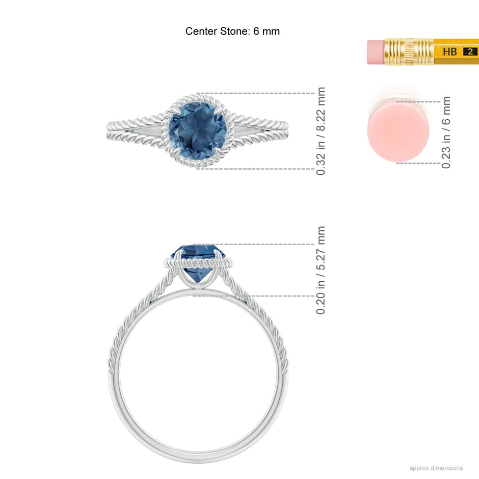 6mm A London Blue Topaz Twist Rope Split Shank Ring in White Gold ruler