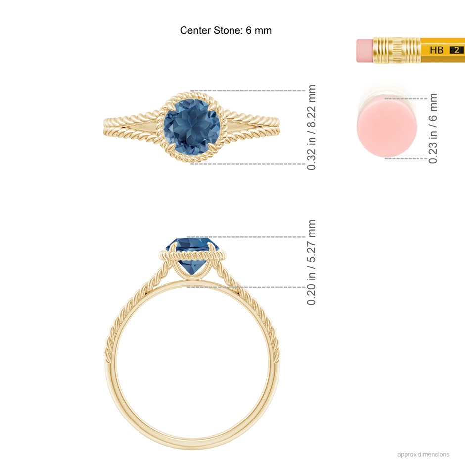 6mm A London Blue Topaz Twist Rope Split Shank Ring in Yellow Gold ruler