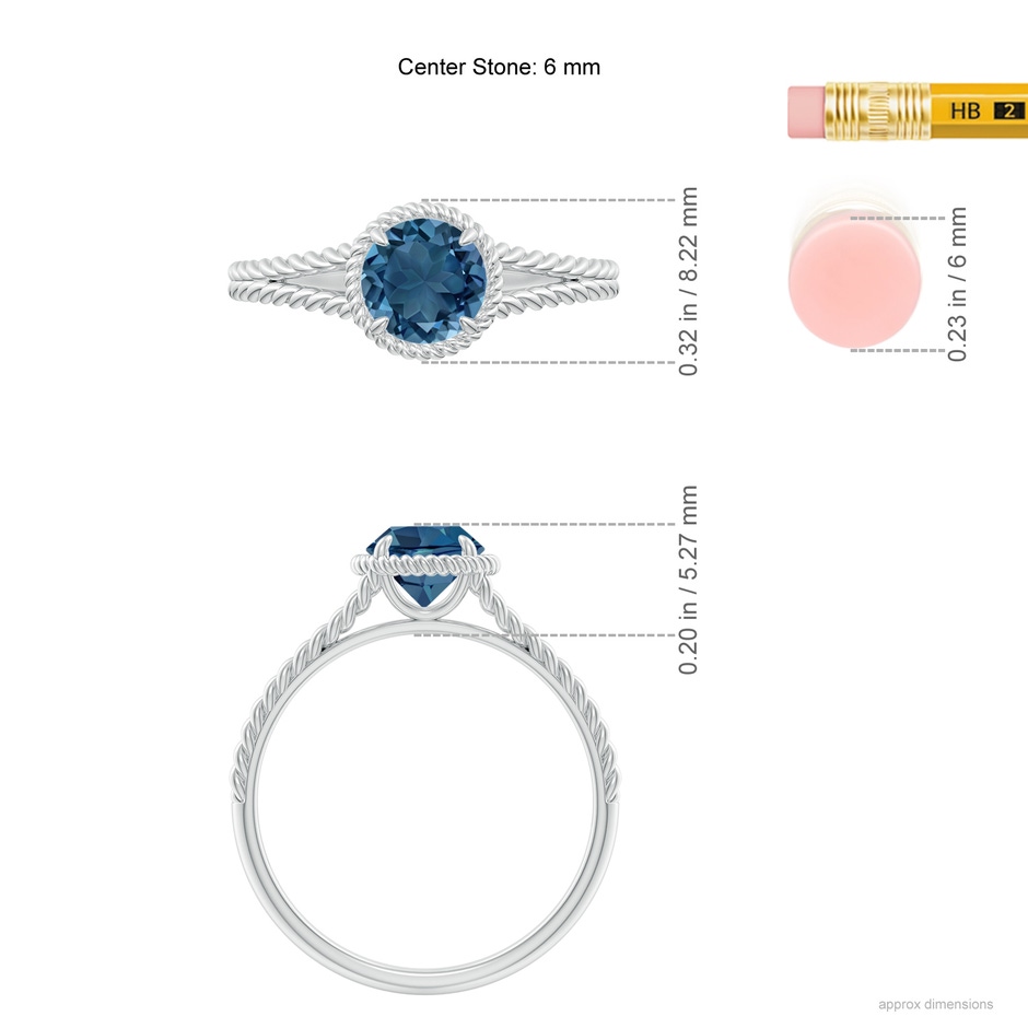 6mm AA London Blue Topaz Twist Rope Split Shank Ring in White Gold ruler