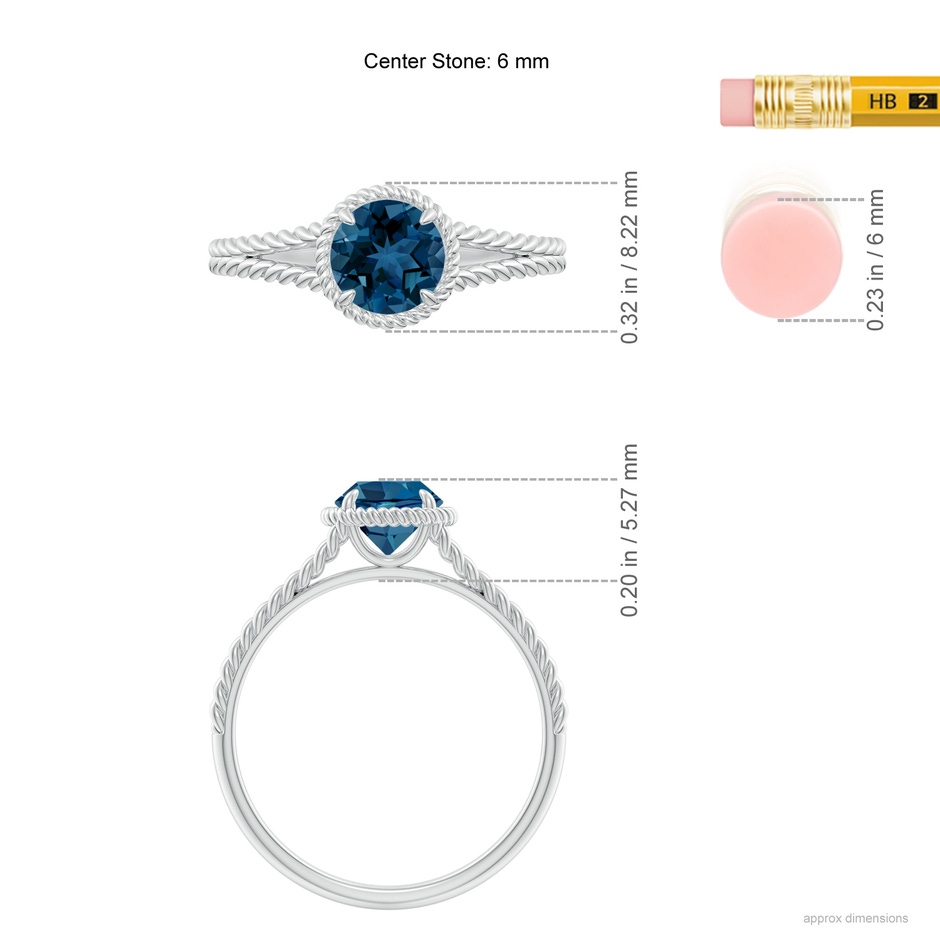 6mm AAA London Blue Topaz Twist Rope Split Shank Ring in P950 Platinum ruler